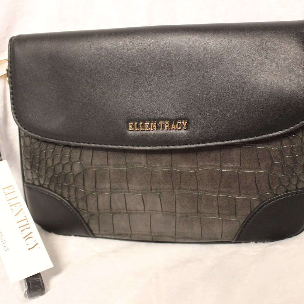 ELLEN TRACY Black Large Croco Wristlet. NWT.